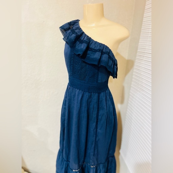 Anthropologie Velvet by Graham & Spencer One-Shoulder Lace Midi Dress Small blue - Picture 7 of 12